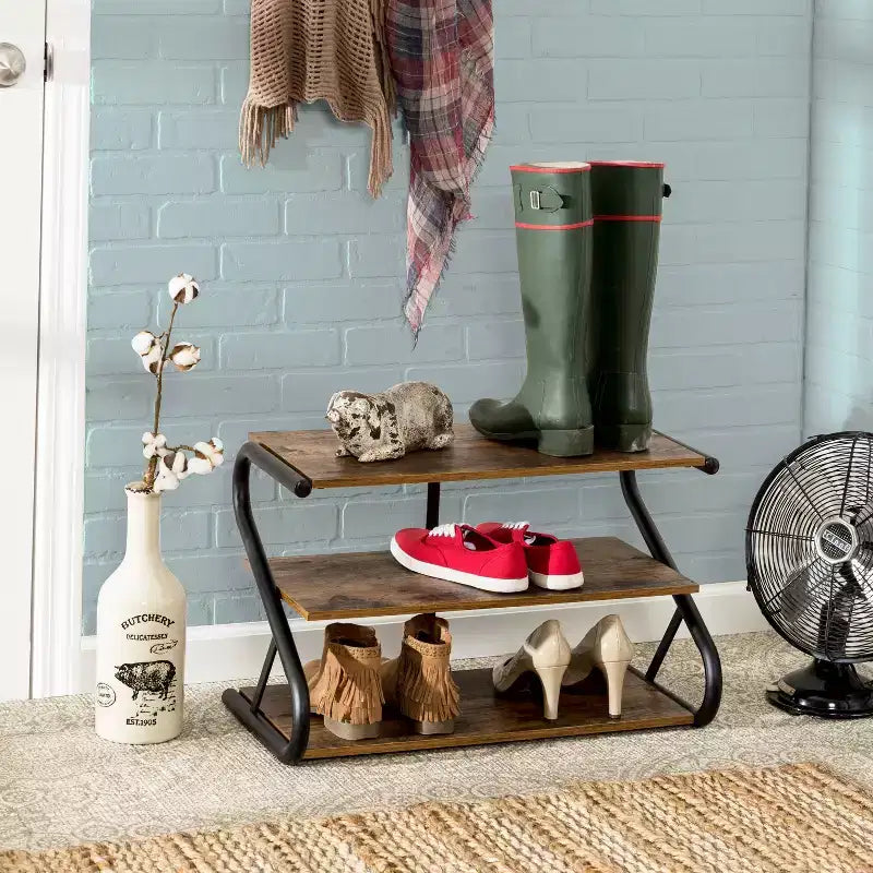 Honey-Can-Do 3 Shelves Z-Frame Wooden Shoe Rack with Matte Black Metal: Small Shoe Storage for Closet, Holds 9 Pairs