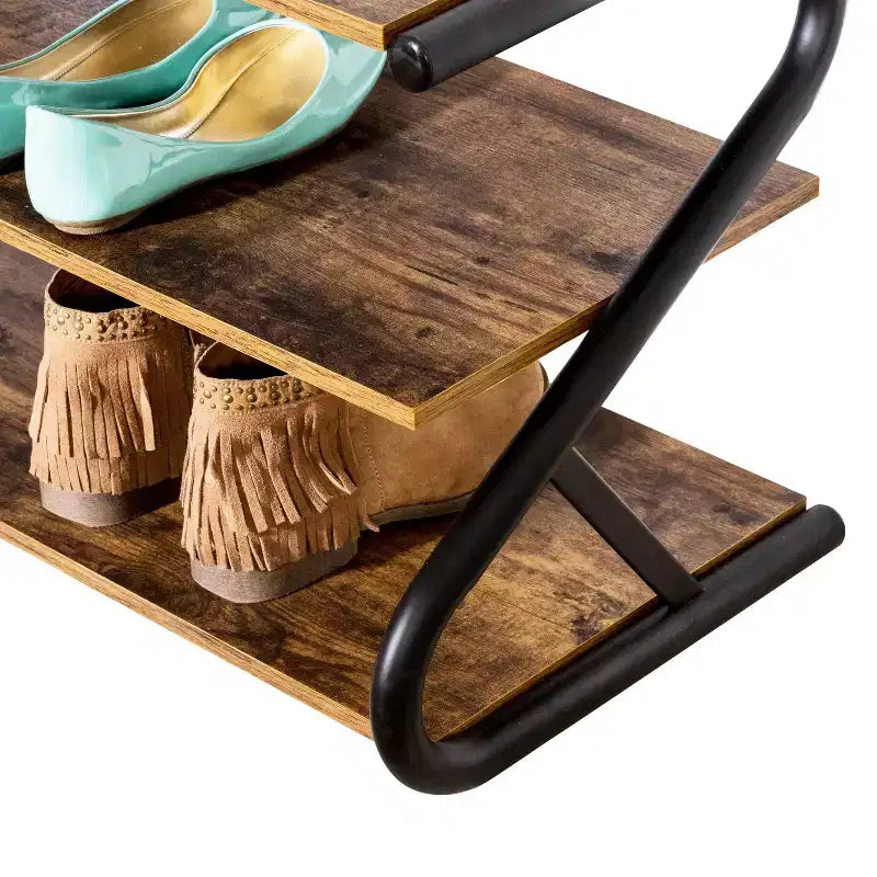 Honey-Can-Do 3 Shelves Z-Frame Wooden Shoe Rack with Matte Black Metal: Small Shoe Storage for Closet, Holds 9 Pairs