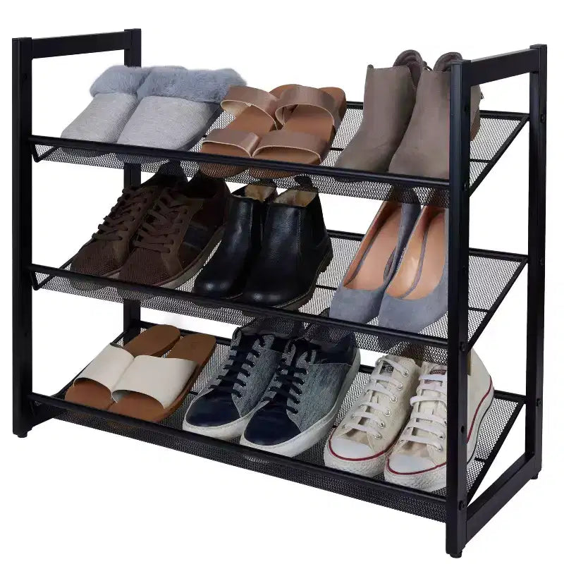 Organize It All 3 Tier Shoe Rack Organizer with Mesh Black: Iron Frame, Holds 12 Pairs, Freestanding, 29" W x 24.4" D x 12" H