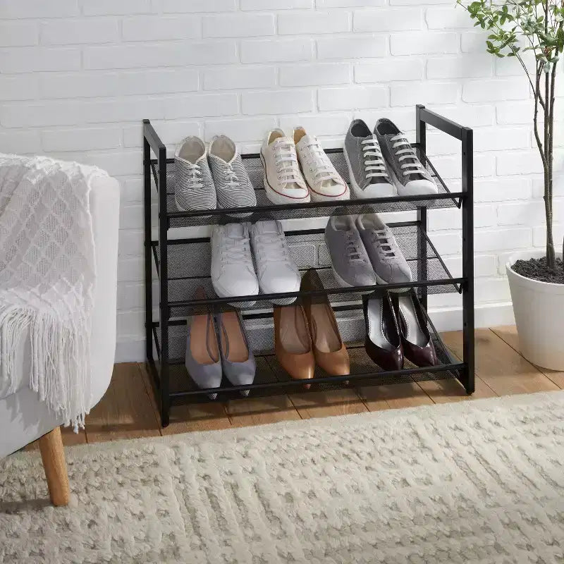 Organize It All 3 Tier Shoe Rack Organizer with Mesh Black: Iron Frame, Holds 12 Pairs, Freestanding, 29" W x 24.4" D x 12" H
