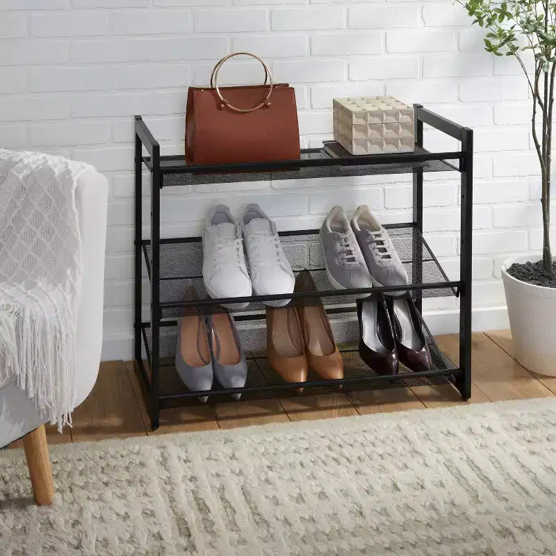 Organize It All 3 Tier Shoe Rack Organizer with Mesh Black: Iron Frame, Holds 12 Pairs, Freestanding, 29" W x 24.4" D x 12" H