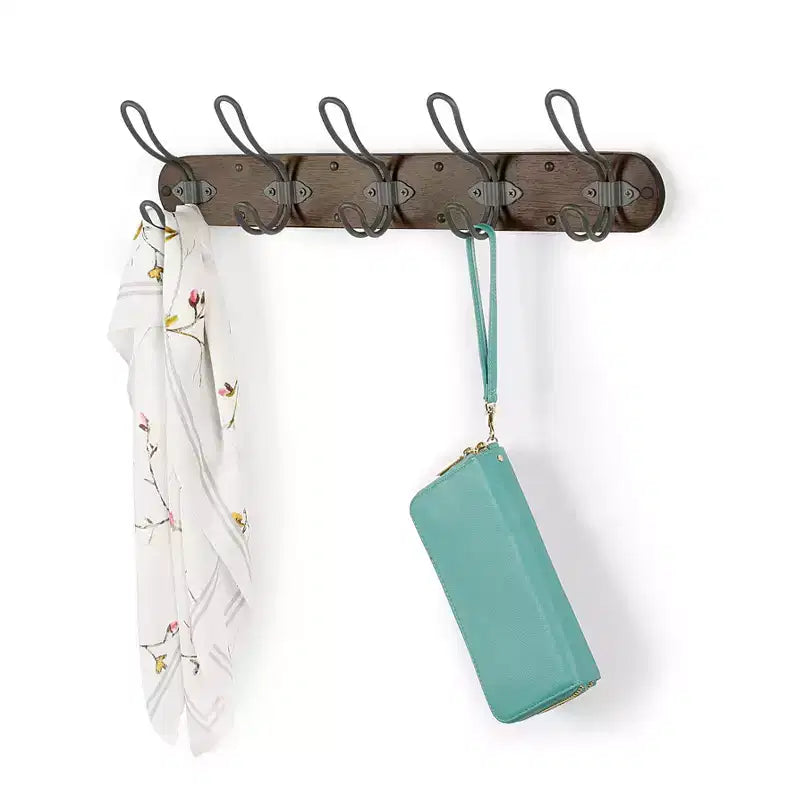 Spectrum Diversified Millbrook Wall Mount 5 Hook Wood Rack: Portable Universal Storage, Metal & Wood, Multicolored