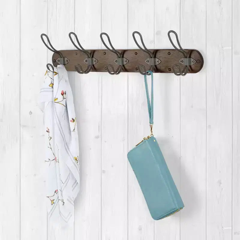 Spectrum Diversified Millbrook Wall Mount 5 Hook Wood Rack: Portable Universal Storage, Metal & Wood, Multicolored