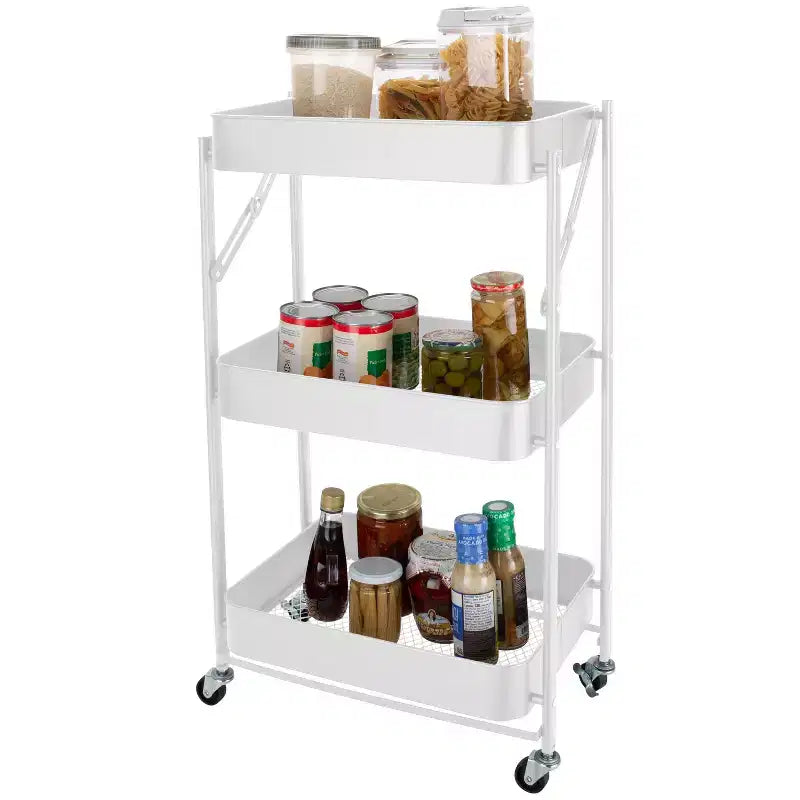 Organize It All 3 Tier Folding Metal Utility Storage Rolling Cart with Lockable Wheels White