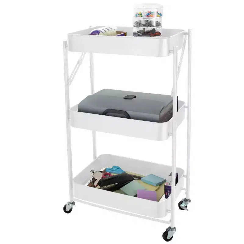 Organize It All 3 Tier Folding Metal Utility Storage Rolling Cart with Lockable Wheels White