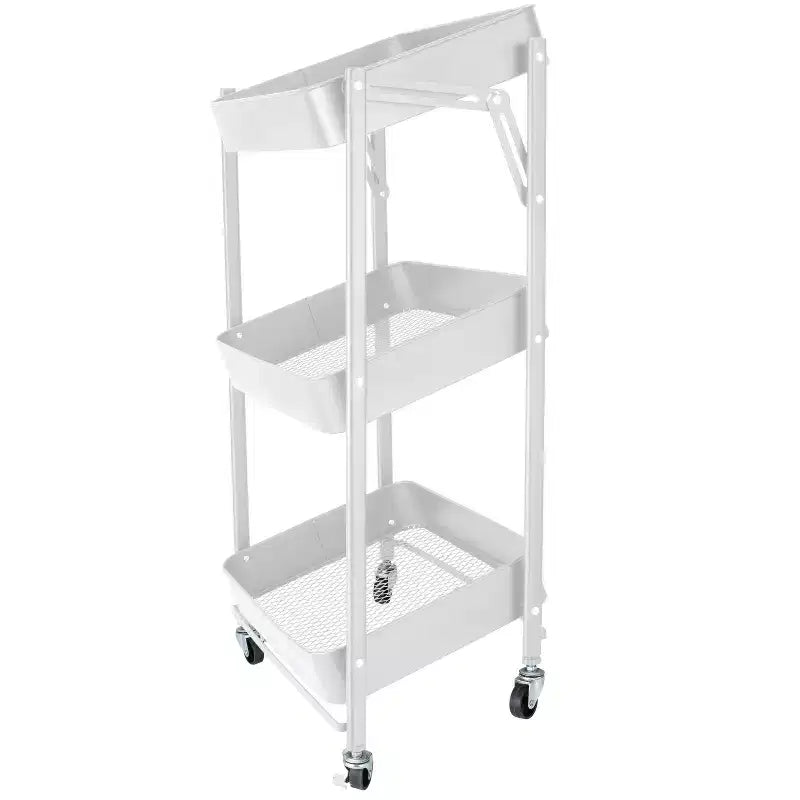 Organize It All 3 Tier Folding Metal Utility Storage Rolling Cart with Lockable Wheels White