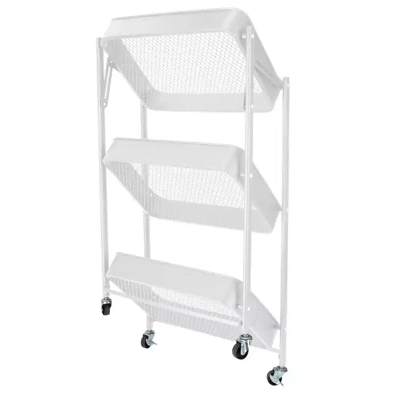 Organize It All 3 Tier Folding Metal Utility Storage Rolling Cart with Lockable Wheels White