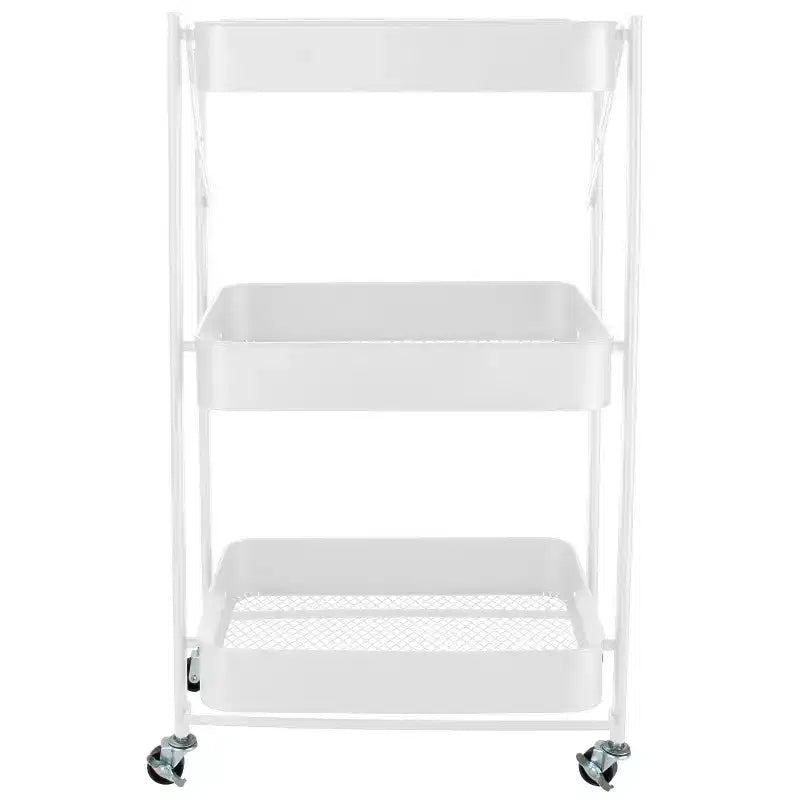 Organize It All 3 Tier Folding Metal Utility Storage Rolling Cart with Lockable Wheels White