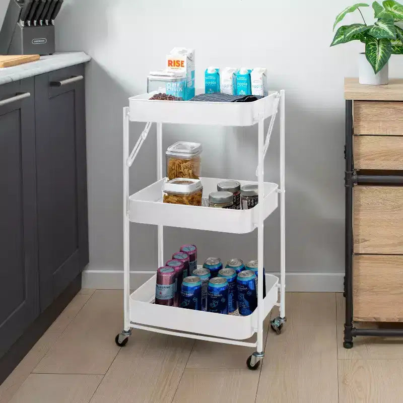 Organize It All 3 Tier Folding Metal Utility Storage Rolling Cart with Lockable Wheels White