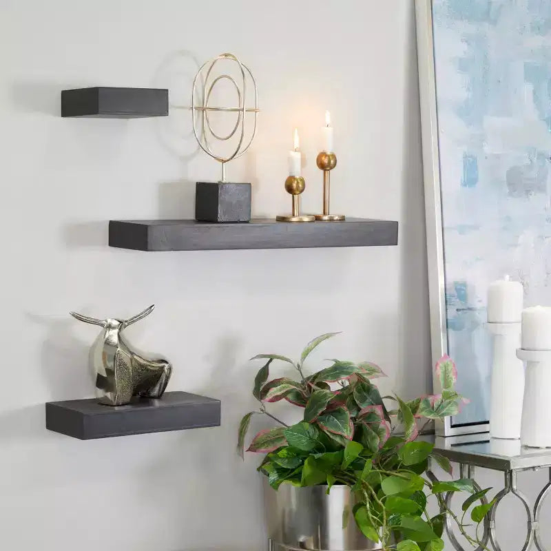 Set of 3 Wood Wall Shelves Black: CosmoLiving by Cosmopolitan, Modern Floating Shelf Set