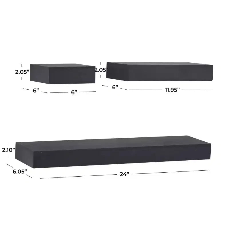 Set of 3 Wood Wall Shelves Black: CosmoLiving by Cosmopolitan, Modern Floating Shelf Set