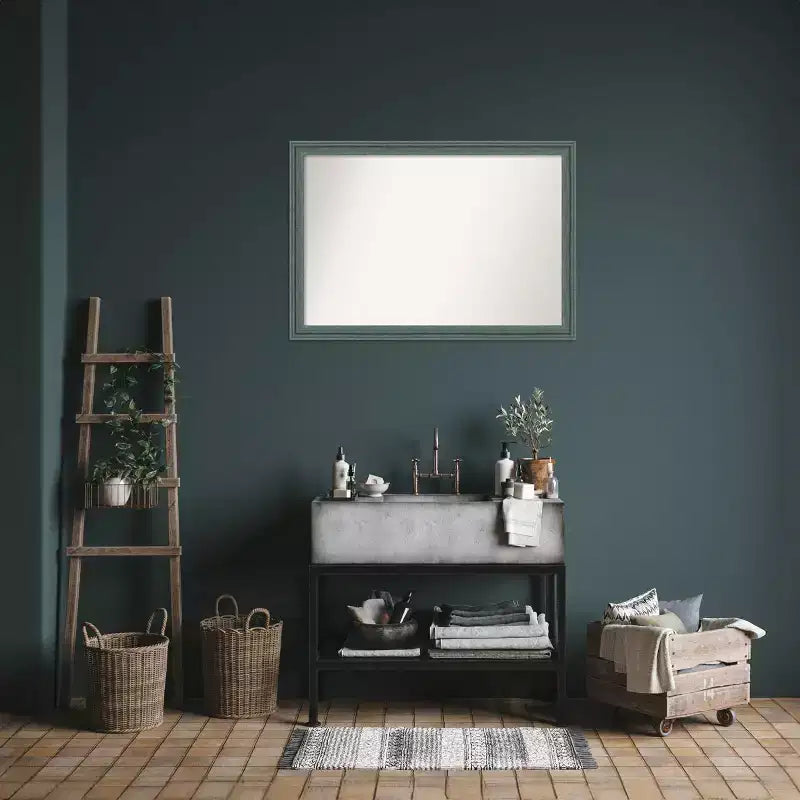 40"x28" Non-Beveled Upcycled Wood Bathroom Wall Mirror Teal/Gray - Amanti Art: Modern Rectangle, Wall Mount, Includes Hardware