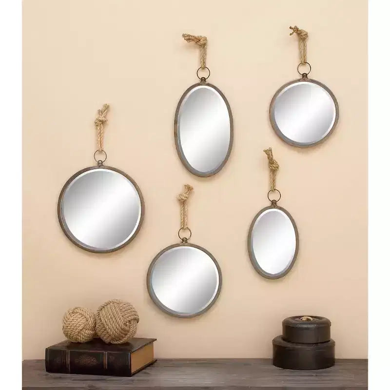 Set of 5 Metal Wall Mirrors with Hanging Rope Gray - Olivia & May