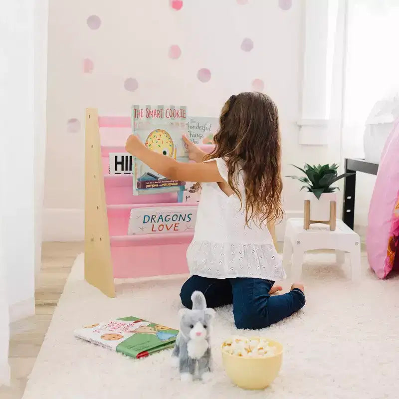 Libreria Original Sling per bambini in pelle vegana, legno naturale e rosa chiaro: 4 ripiani, struttura in MDF, età 3-10 anni