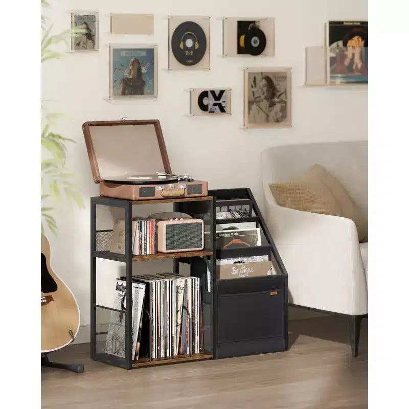 VASAGLE Record Player Stand, 3-Tier Side Table, Vinyl Record Storage up to 140 Albums, End Table