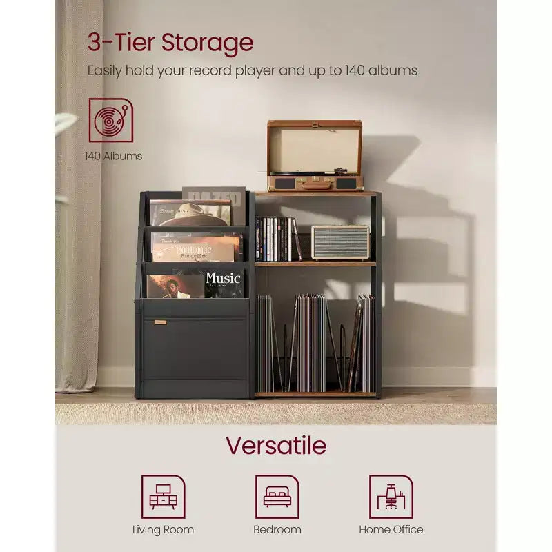 VASAGLE Record Player Stand, 3-Tier Side Table, Vinyl Record Storage up to 140 Albums, End Table