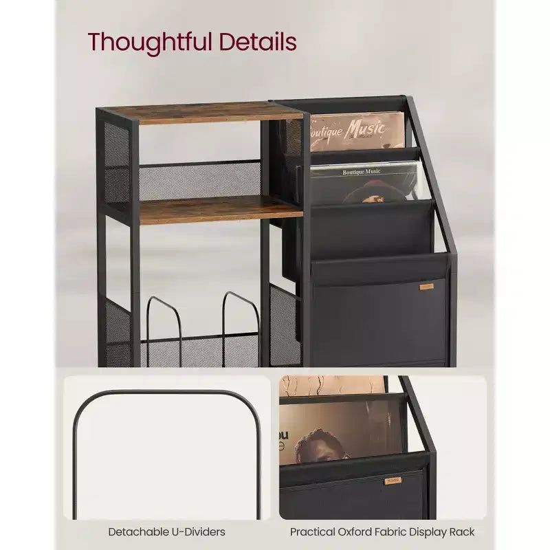 VASAGLE Record Player Stand, 3-Tier Side Table, Vinyl Record Storage up to 140 Albums, End Table