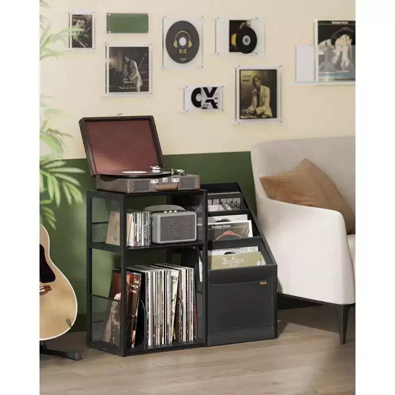 VASAGLE Record Player Stand, 3-Tier Side Table, Vinyl Record Storage up to 140 Albums, End Table