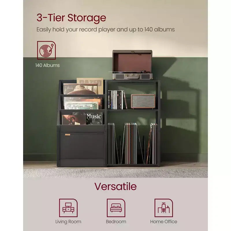 VASAGLE Record Player Stand, 3-Tier Side Table, Vinyl Record Storage up to 140 Albums, End Table