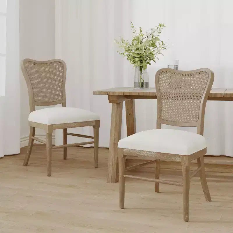 GDFStudio Wreecy Upholstered Rattan Back Rubber Wood Frame Dining Chair with Footrest, Light Brown
