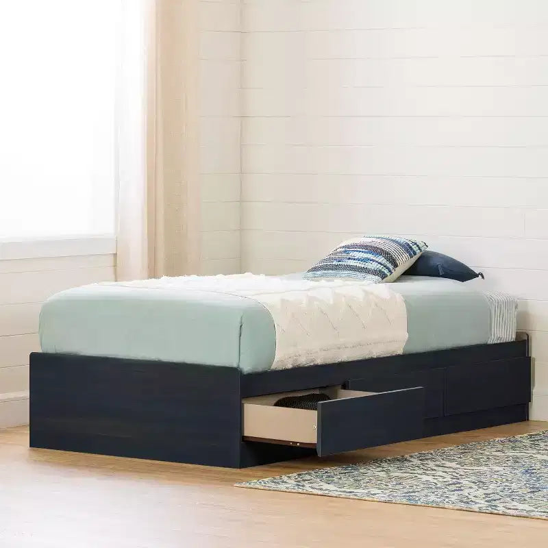 HomeStock 14.75 in.H Twin Size Blue with Storage Beds made of Particle Board Bed Frame