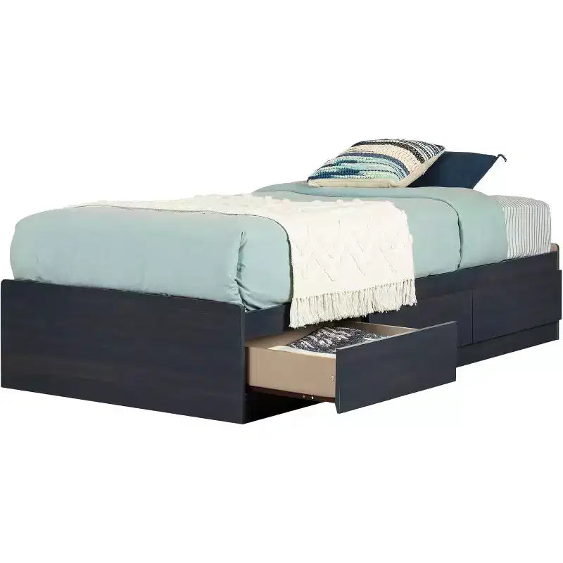 HomeStock 14.75 in.H Twin Size Blue with Storage Beds made of Particle Board Bed Frame
