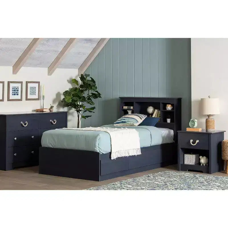 HomeStock 14.75 in.H Twin Size Blue with Storage Beds made of Particle Board Bed Frame