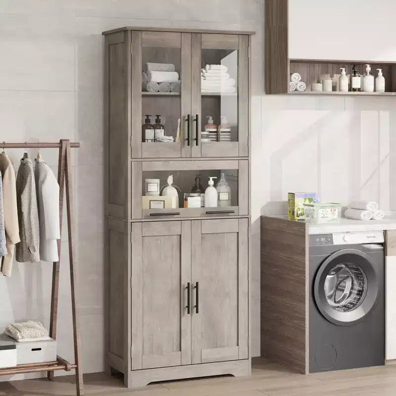 Tall Bathroom Cabinet, Freestanding Linen Storage Cabinet with Doors and Adjustable Shelves for Kitchen, Pantry, Living Room