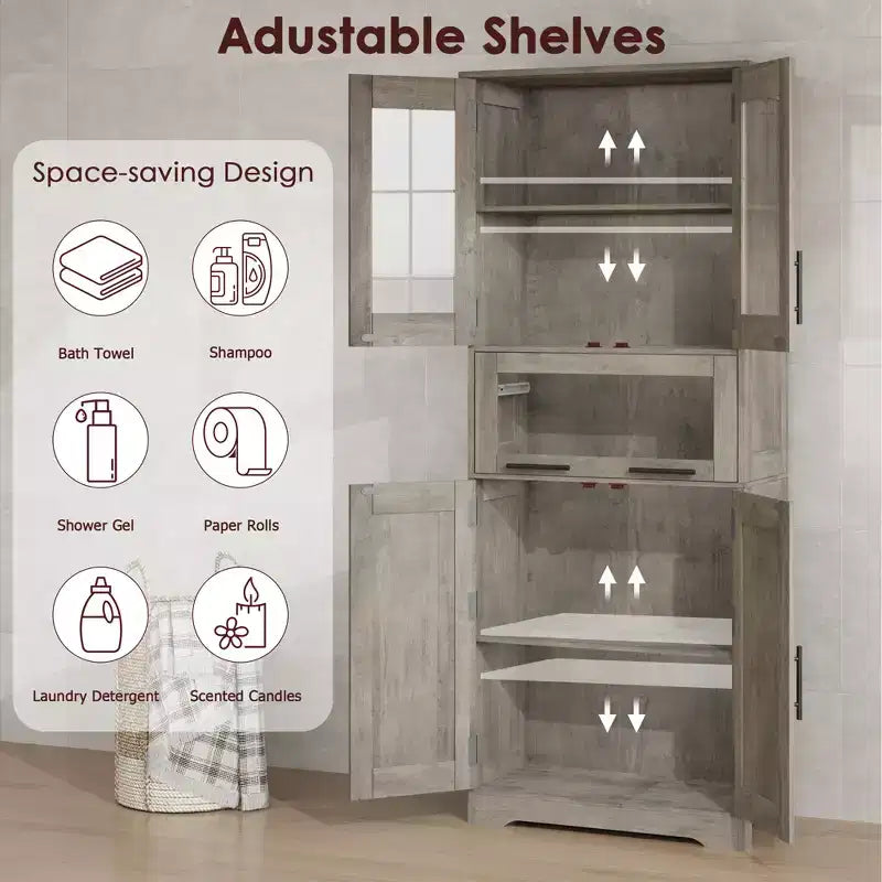 Tall Bathroom Cabinet, Freestanding Linen Storage Cabinet with Doors and Adjustable Shelves for Kitchen, Pantry, Living Room