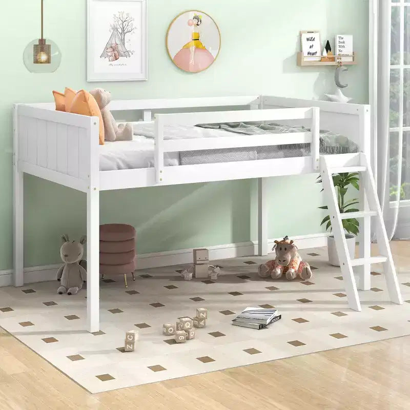 Twin/Full Size Wood Low Loft Bed with Ladder 4O - ModernLuxe
