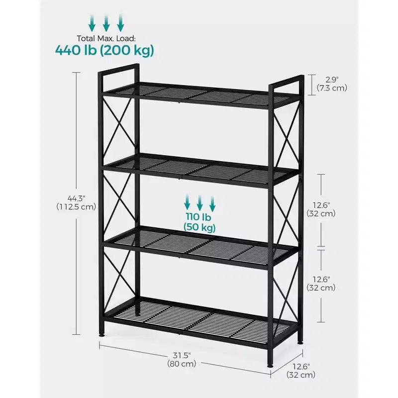 SONGMICS 4-Tier Metal Storage Rack, Shelving Unit with X Side Frames, Dense Mesh, 12.6 x 31.5 x 44.3 Inches, Industrial Style, Ink Black
