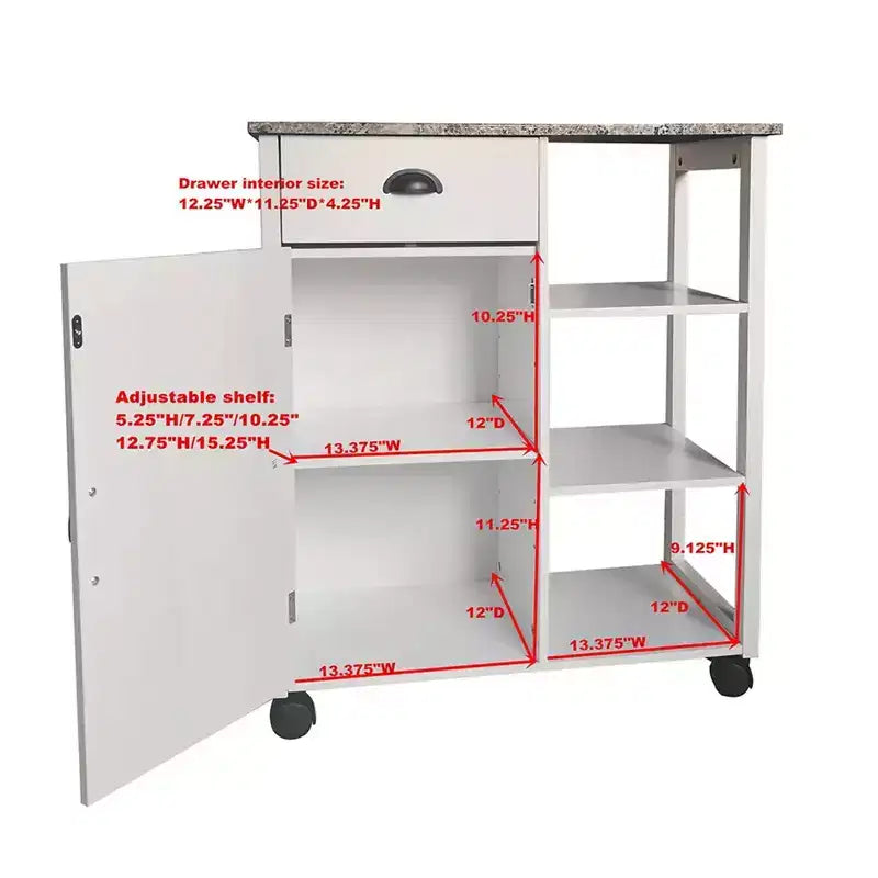 Kings Brand Furniture Francois Wood & Marble Vinyl Top Kitchen Storage Cabinet Cart, White