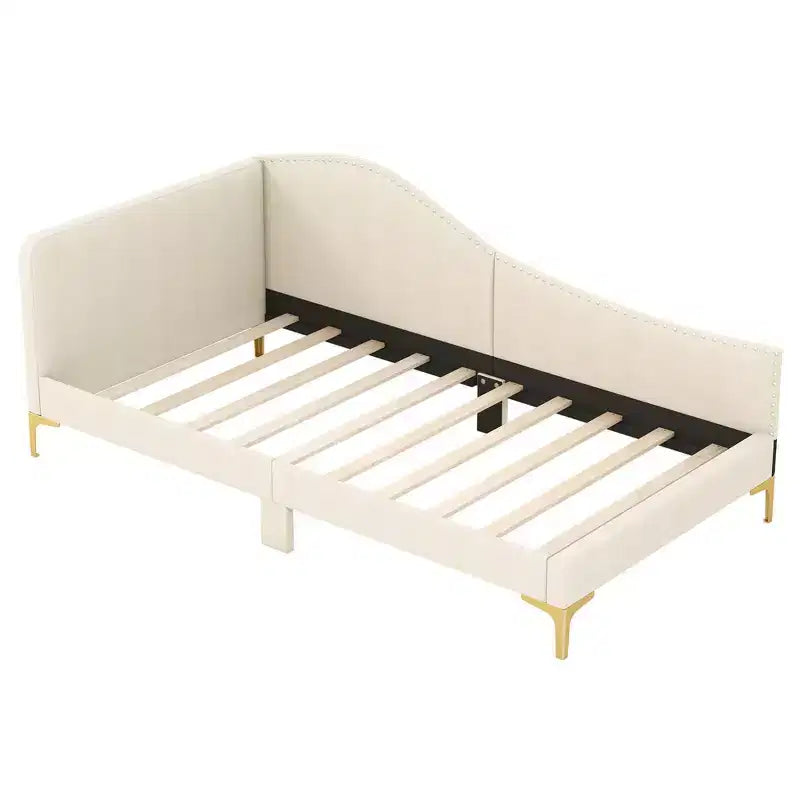 Costway Twin/Full Size Upholstered Daybed Rivet-Tufted Platform Bed with Metal Legs