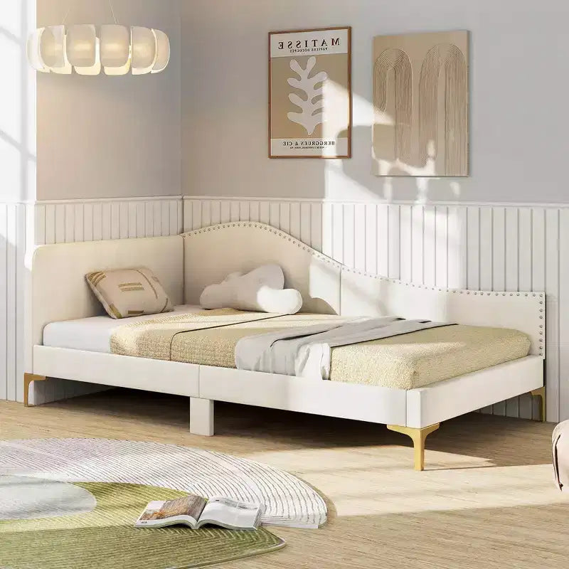 Costway Twin/Full Size Upholstered Daybed Rivet-Tufted Platform Bed with Metal Legs
