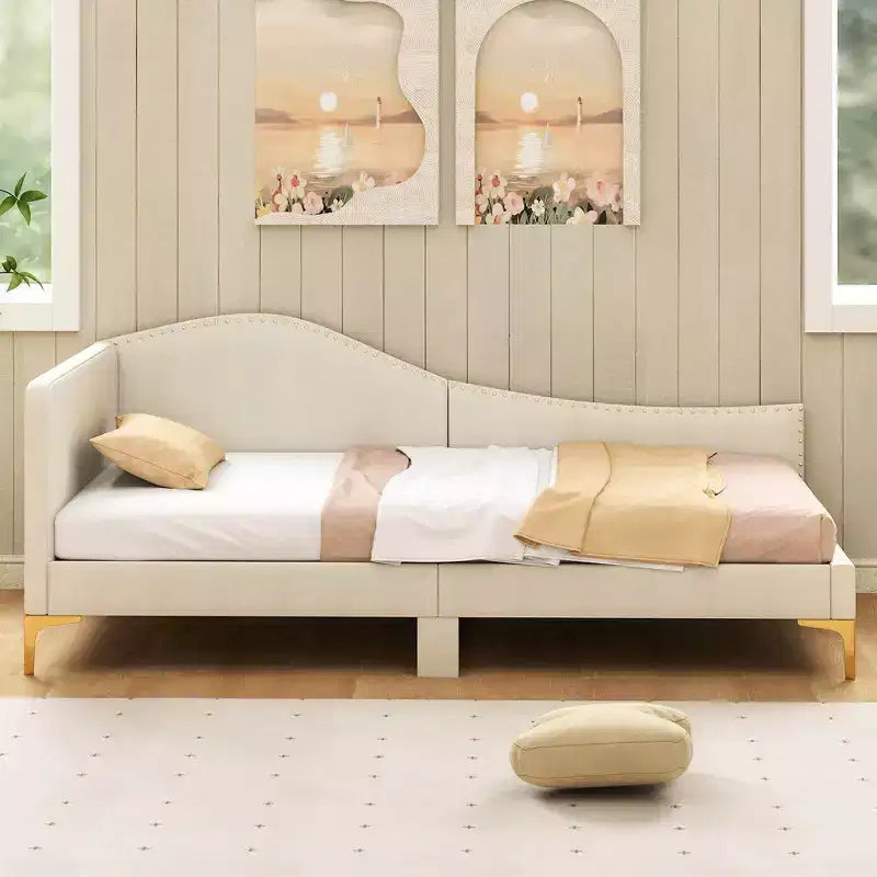 Costway Twin/Full Size Upholstered Daybed Rivet-Tufted Platform Bed with Metal Legs