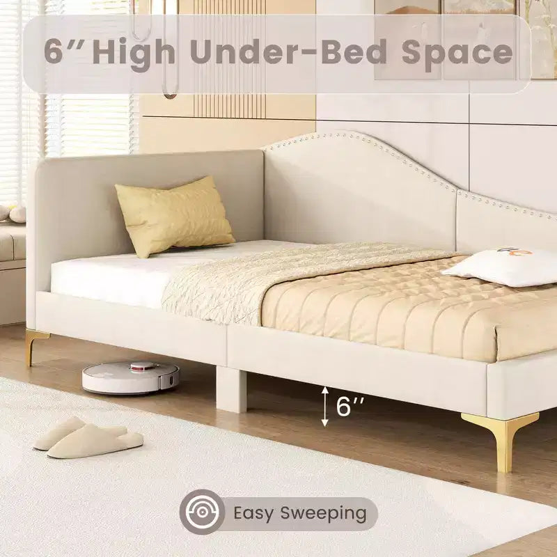 Costway Twin/Full Size Upholstered Daybed Rivet-Tufted Platform Bed with Metal Legs