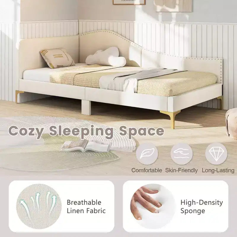 Costway Twin/Full Size Upholstered Daybed Rivet-Tufted Platform Bed with Metal Legs