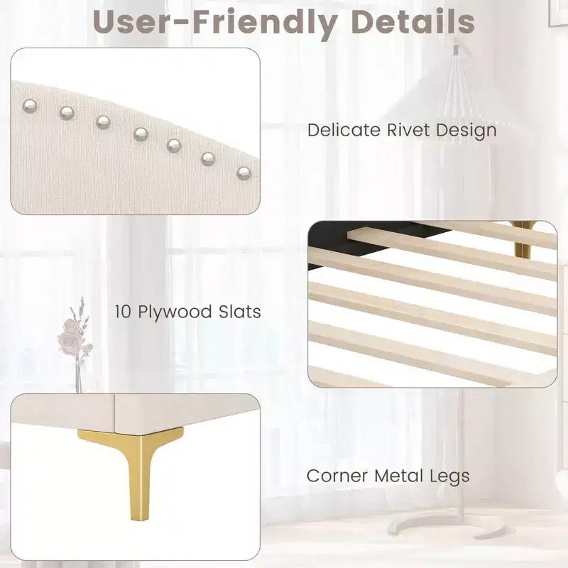 Costway Twin/Full Size Upholstered Daybed Rivet-Tufted Platform Bed with Metal Legs