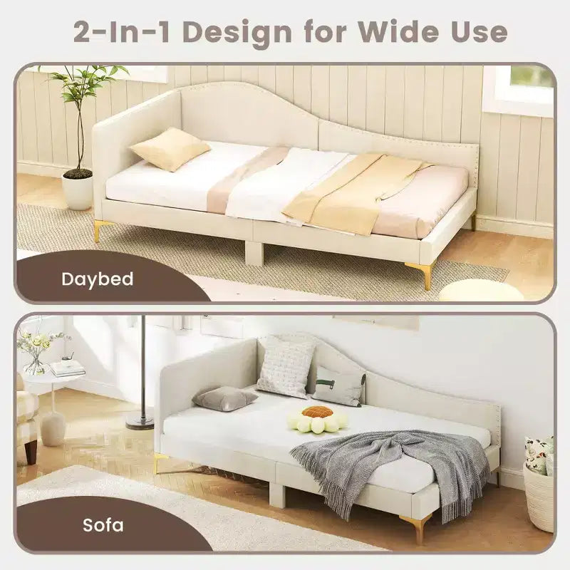 Costway Twin/Full Size Upholstered Daybed Rivet-Tufted Platform Bed with Metal Legs