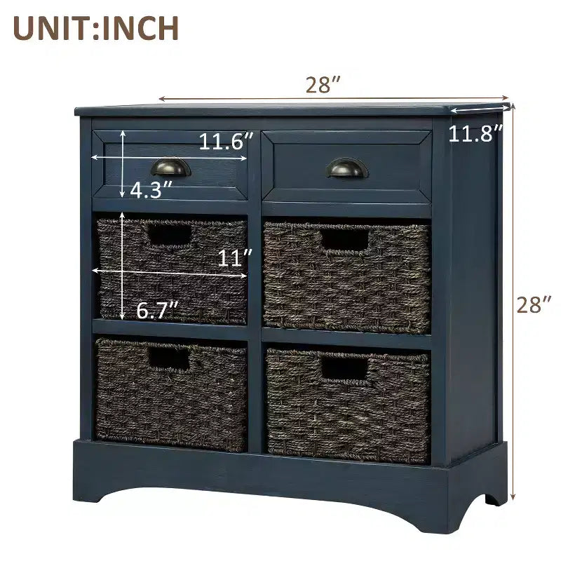 Whisen Rustic Storage Cabinet with Two Drawers and Four Classic Rattan Basket for Dining Room,Living Room
