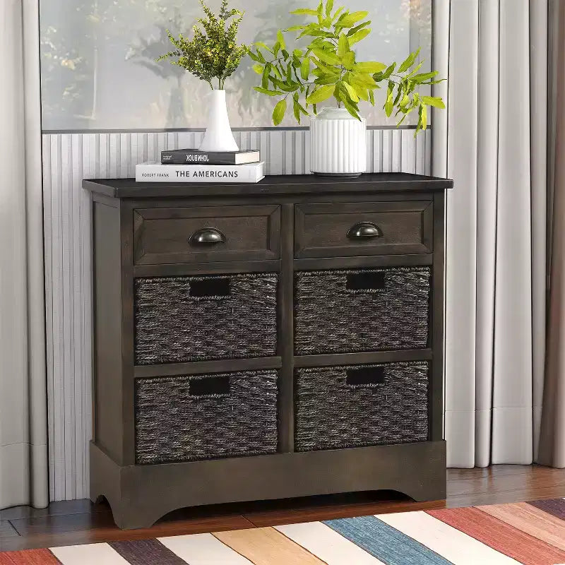 Whisen Rustic Storage Cabinet with Two Drawers and Four Classic Rattan Basket for Dining Room,Living Room