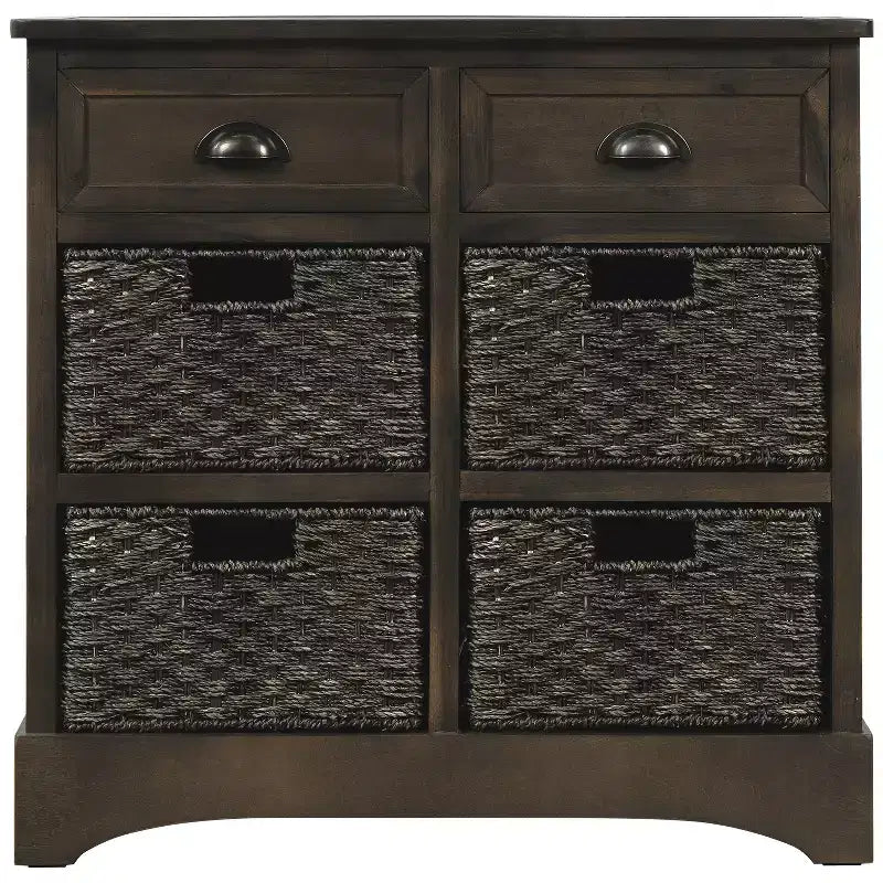 Whisen Rustic Storage Cabinet with Two Drawers and Four Classic Rattan Basket for Dining Room,Living Room
