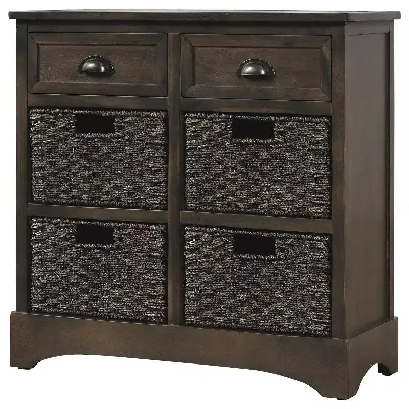 Whisen Rustic Storage Cabinet with Two Drawers and Four Classic Rattan Basket for Dining Room,Living Room