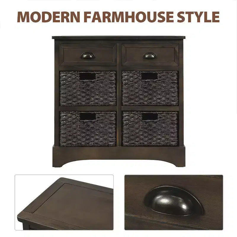 Whisen Rustic Storage Cabinet with Two Drawers and Four Classic Rattan Basket for Dining Room,Living Room