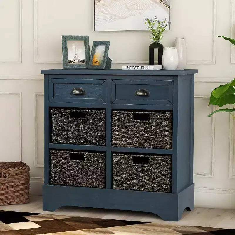 Whisen Rustic Storage Cabinet with Two Drawers and Four Classic Rattan Basket for Dining Room,Living Room