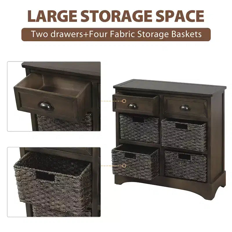Whisen Rustic Storage Cabinet with Two Drawers and Four Classic Rattan Basket for Dining Room,Living Room