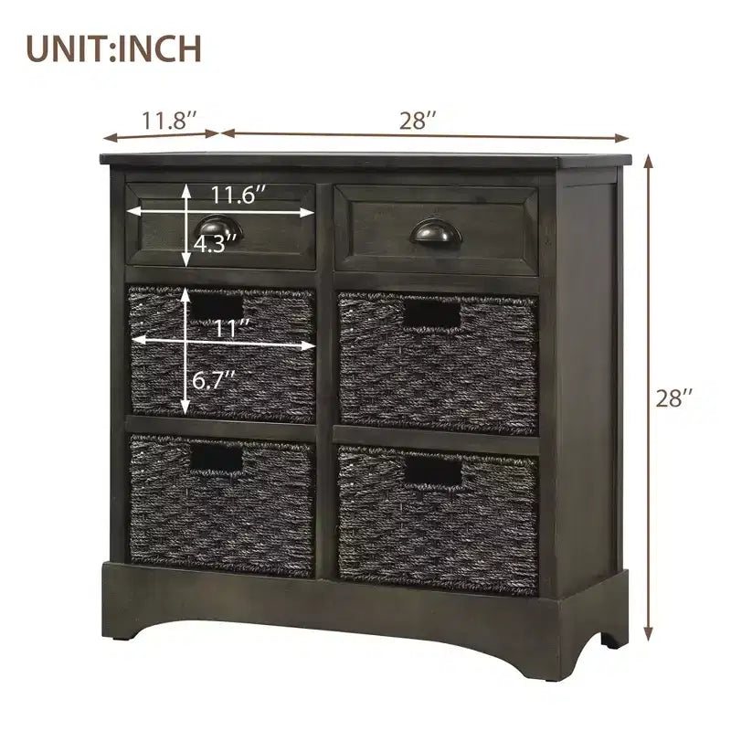 Whisen Rustic Storage Cabinet with Two Drawers and Four Classic Rattan Basket for Dining Room,Living Room