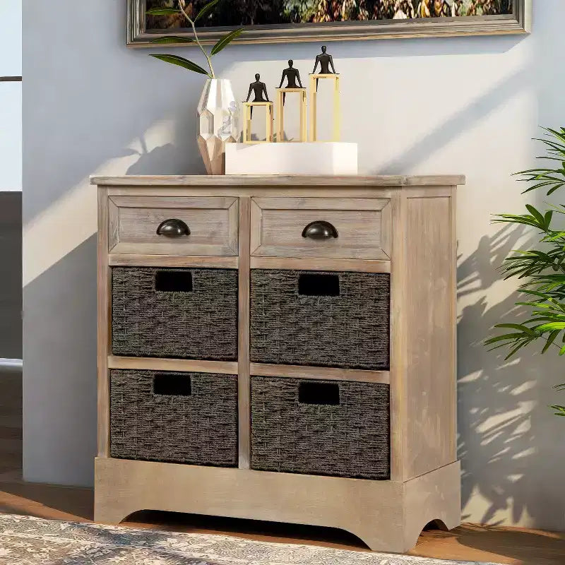 Whisen Rustic Storage Cabinet with Two Drawers and Four Classic Rattan Basket for Dining Room,Living Room