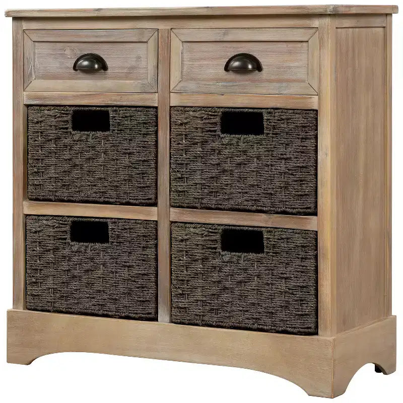 Whisen Rustic Storage Cabinet with Two Drawers and Four Classic Rattan Basket for Dining Room,Living Room