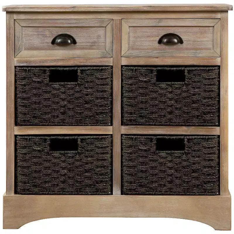 Whisen Rustic Storage Cabinet with Two Drawers and Four Classic Rattan Basket for Dining Room,Living Room